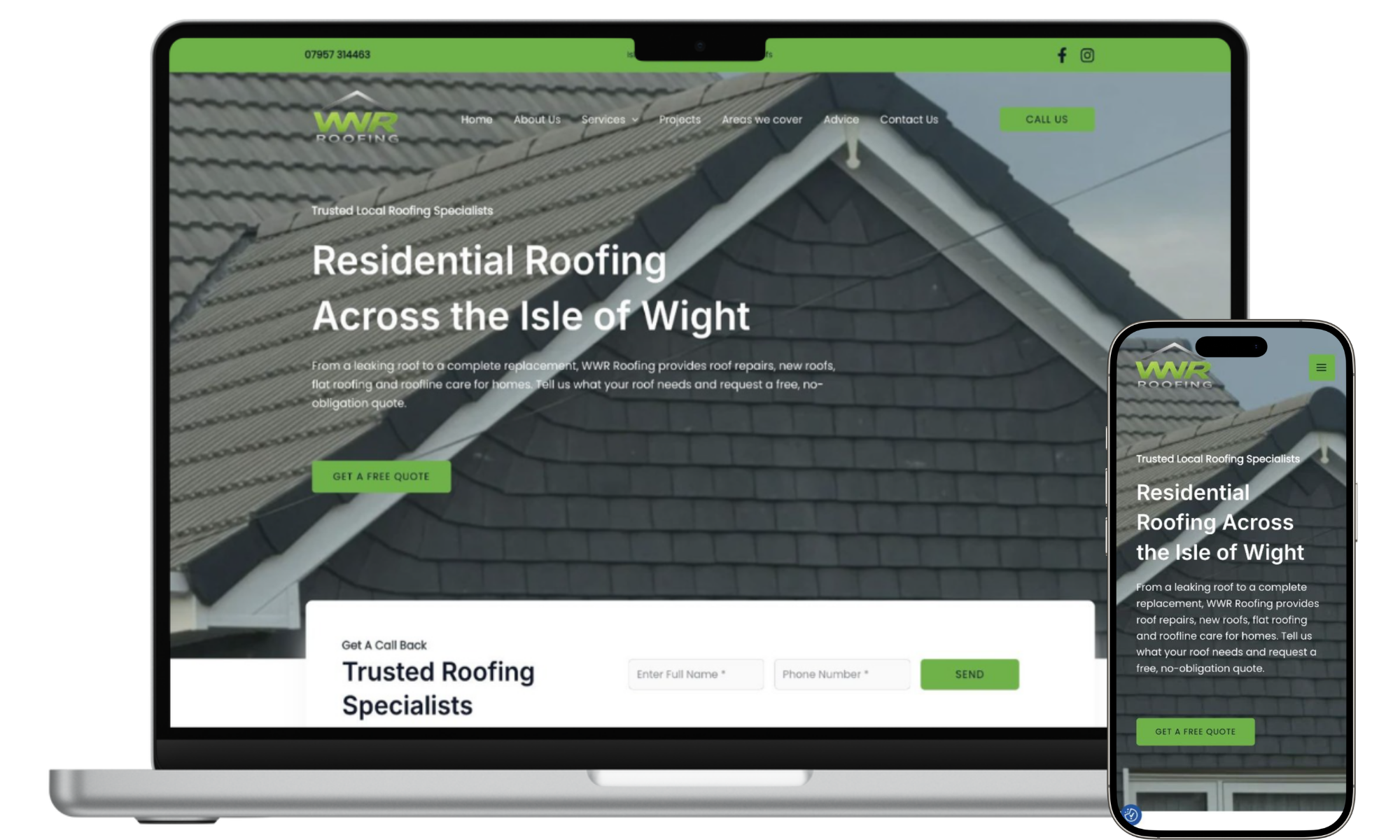 WWR Roofing shown on laptop and mobile